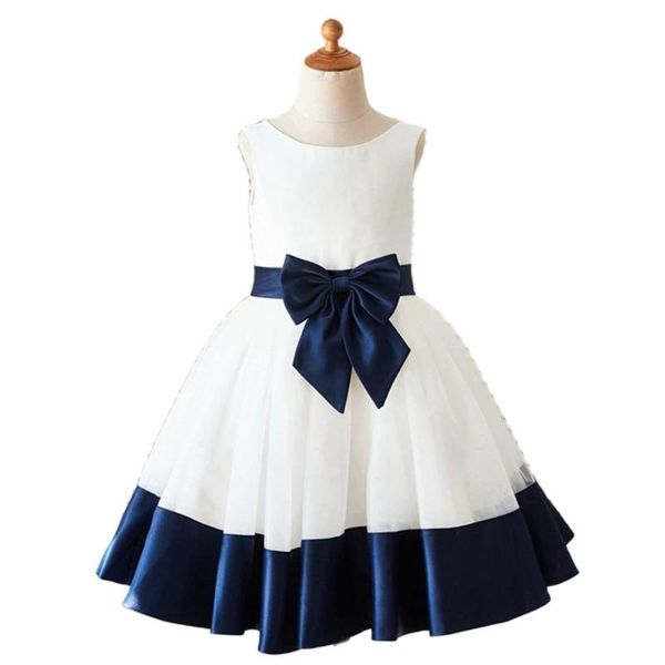 

girl's dresses vintage white navy blue decent flower girl dress 2021 front bow knot sash bottom trim princess wedding communion gown, Red;yellow