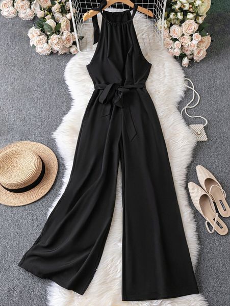 

plus halterneck tie shoulder wide leg belted jumpsuit e5wm#, Black