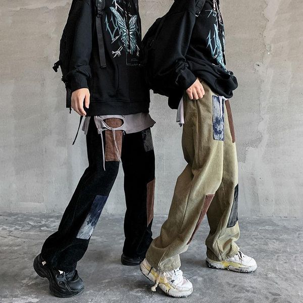 

men's pants autumn cotton corduroy fashion retro hole patch straight men streetwear loose hip-hop pleated trousers mens, Black