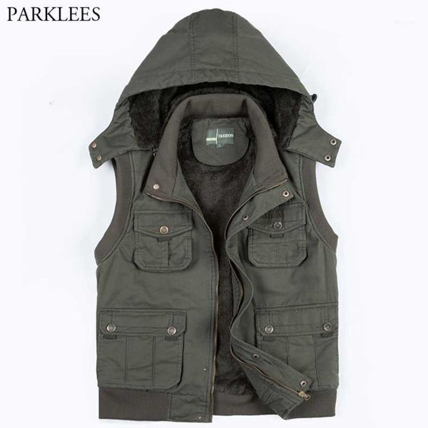 

men's vests mens army green cargo hooded vest many pocket fleece heavy winter waistcoat men pography fishing climbing sleeveless jacket, Black;white