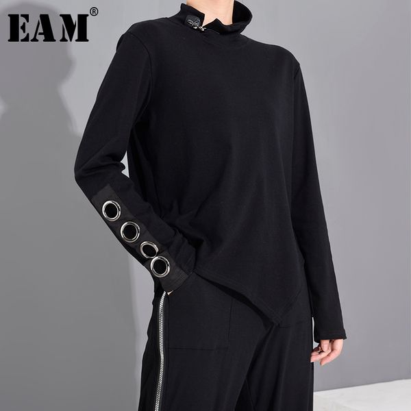 

[eam] women black hollow out asymmetrical split joint t-shirt new stand collar long sleeve fashion spring autumn 2021 210317, White