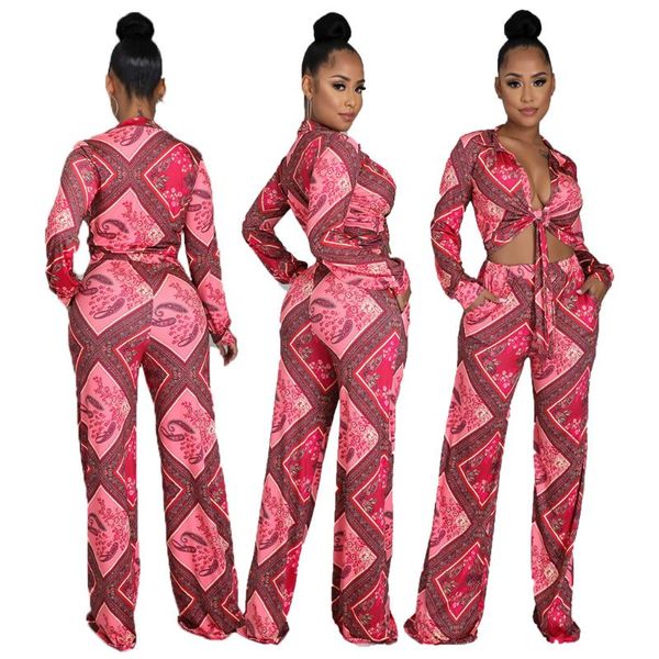 

women's two piece pants red fashion print slim 2pc set deep v-neck low-cut lace up high waist wide-leg women suit office lady stre, White