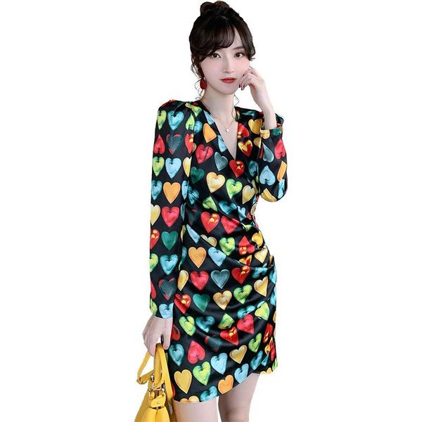 

casual dresses 2021 autumn winter print love star cute sweet dress for ladies long sleeve corset midi wrap woman korean fashion clothing, Black;gray