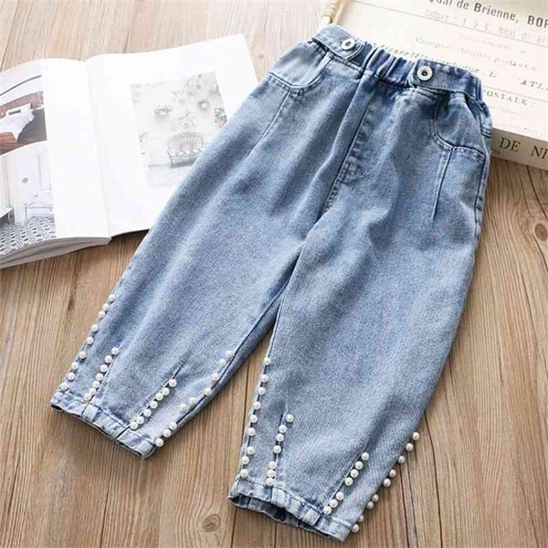 Babyinstar Yeni Varış Mavi Kot Çocuklar Için Inci Tasarım Çocuklar Moda Stil Denim Pantolon Toddler Kızlar Gevşek Pantolon 210317