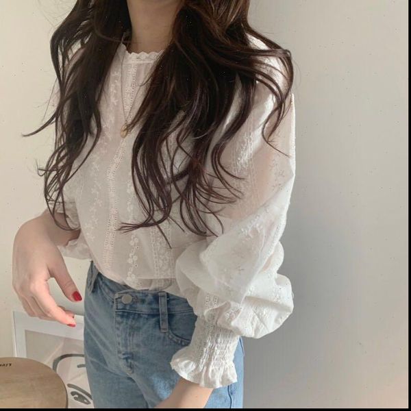 

white chic cotton girls womens shirts sweet gentle streetwear all match stylish lace lantern sleeves