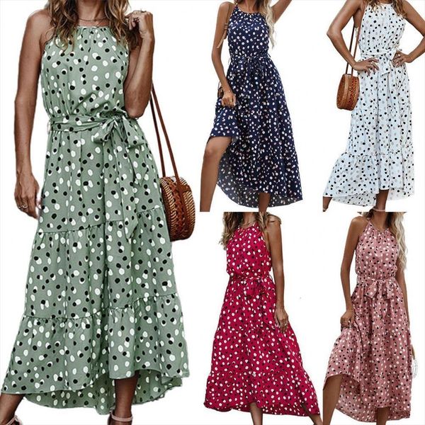 

dot print ruffle hem halter womens dress sleeveless midi streetwear vacation, Black;gray