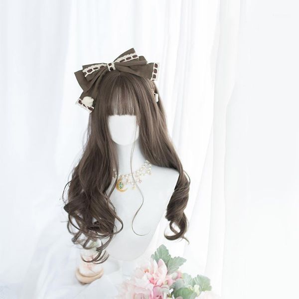 

cosplay lolita high temperature resistant fiber synthetic female big wave long curly brown daily wig fluffy natural style1, Black