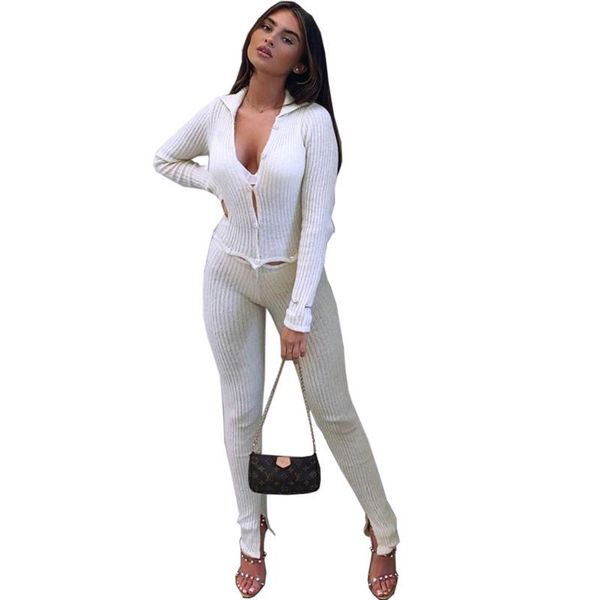 

women's two piece pants autumn jump suit women set pure color skinny warm buttons bodysuit knitting full sleeve casual clothes, White