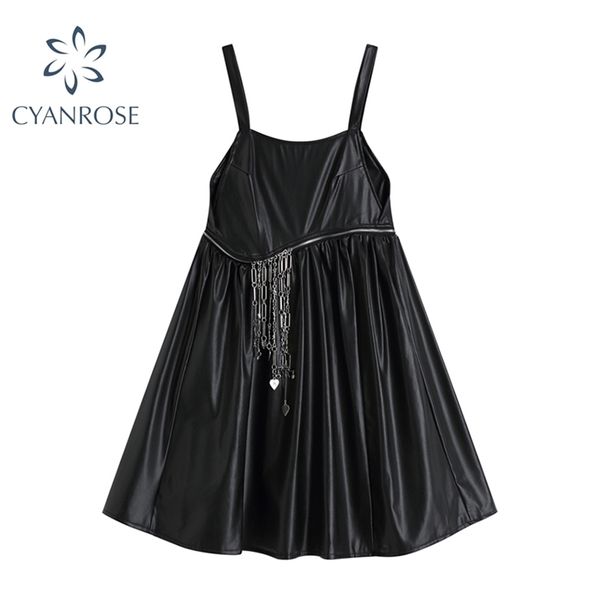 

summer streetwear leather black dress women's punk all-match chains belt sleeveless dresses spaghetti strap frcoks 210515, Black;gray