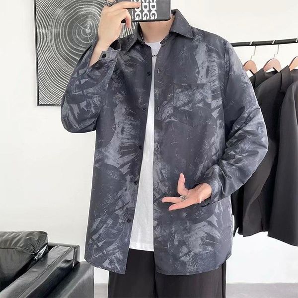 

men's casual shirts autumn tie-dye fashion retro printing men streetwear loose long-sleeved mens dress, White;black