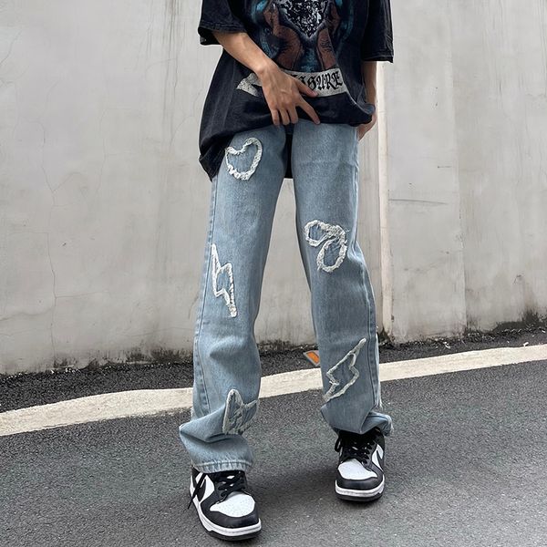 

high street love embroidery retro vibe fringe jeans pants men and women straight oversize straight casual baggy denim trousers, Black