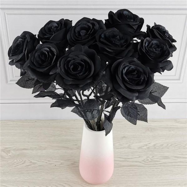 Fiori decorativi Corone Nero Bouquet Rose Artificiale Artificiale Halloween 10pc / lotto Piante di nozze gotiche per la decorazione del partito