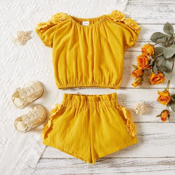 

clothing sets toddler kids baby girls summer solid 3d lace floral patchwork t shirt shorts outfits set born clothes 2021, White