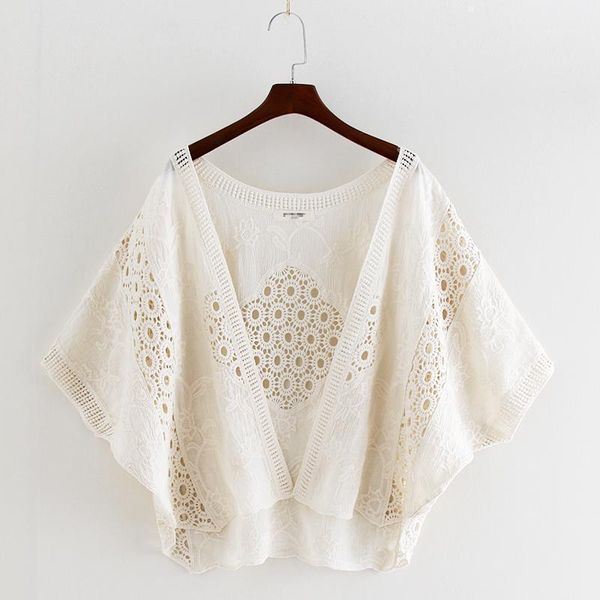 

women's knits & tees summer cape female bud silk unlined upper prevented bask hollow thin jacket made of cotton short bat sleeve cardig, White