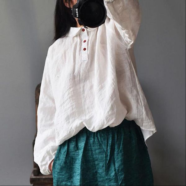 

johnature womens shirt women clothes vintage blouse spring turn down collar button full sleeve loose leisure ladies, White