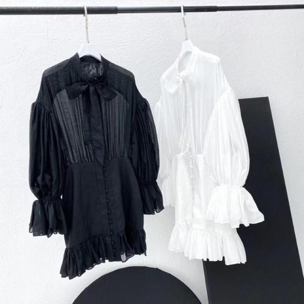 

casual dresses 2021 women fashion long-sleeved bow-tie collar solid color dress 0816, Black;gray