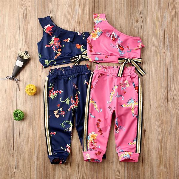 

girls casual two-piece clothes set floral printed pattern one shoulder sleeveless + long pants pink/ dark blue 1-6years clothing sets, White
