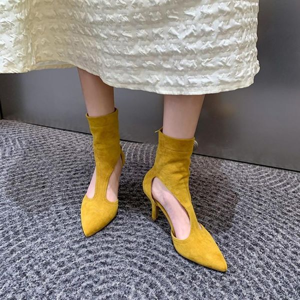 

boots ochanmeb stylish hollow cut out summer shoes for women big plus size 45 46 zipper faux suede leather high heels shoe beige, Black