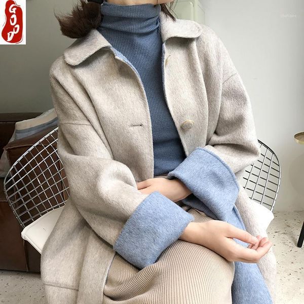 

spring women clothes 2021 wool coat female cashmere alpaca overcoat long beige autumn winter sided woolen jackets lpl1394 women's & ble, Black