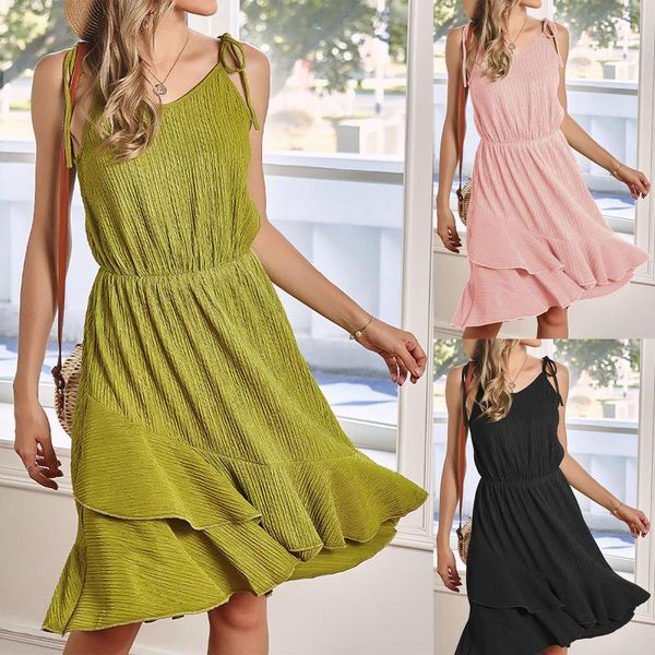 

summer dress women fashion irregular knee-length dresses ladies casual sling pure color lace-up jurken zomer 2021 dames, Black;gray