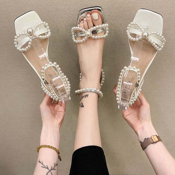 

sandals female sandal black shoes for women clear heels 2021 summer all-match buckle strap girls beige pearl bow fashion comfort
