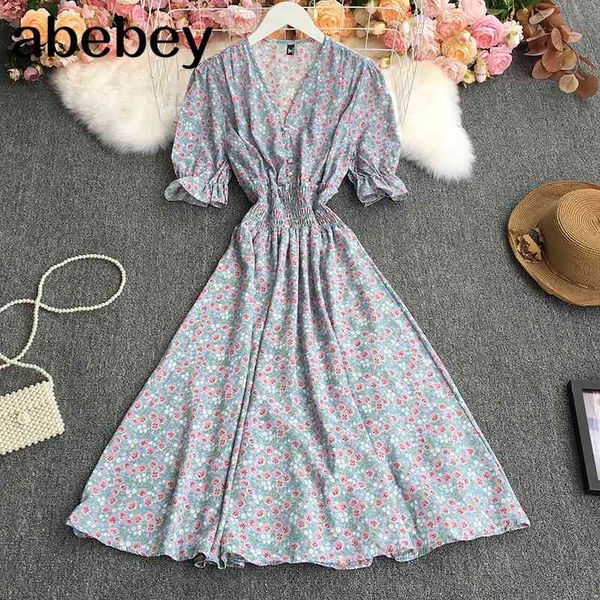 

summer women french v-neck puff sleeve dress high waist pleated waist floral print mid-length a-line dress 210715, Black;gray
