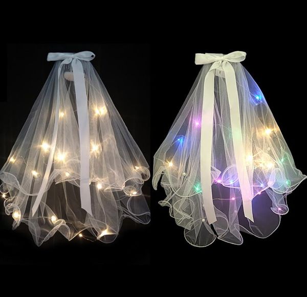 Velo di pizzo illuminato Copricapo luminoso Perla con perline con pettine Fermacapelli Accessori per capelli Copricapo per feste di compleanno per ragazze Bianco