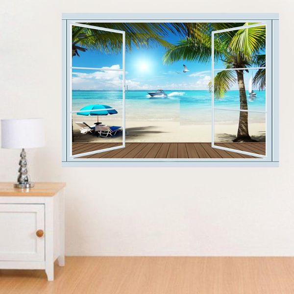 Wandaufkleber, 3D-Fenster, Strandlandschaft, gebrochener Effekt für Raumaufkleber, einteilige Poster, Kinderwandbilder