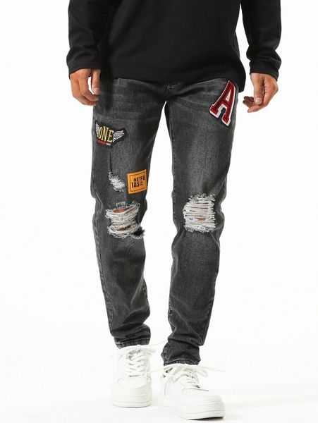 

men ripped patch detail jeans h5md#, Blue