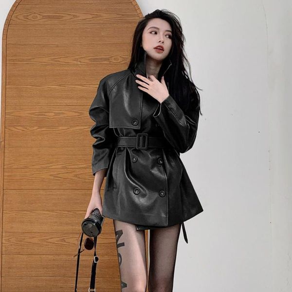 

women's leather & faux women plus size casual biker coat jaqueta feminina streetwear autumn double breasted mid-length pu with belt jac, Black