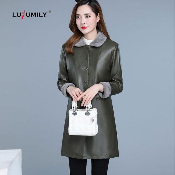 

women's leather & faux lusumily jacket women plus size -5xl super warm autumn winter velvet loose solid long coats female, Black