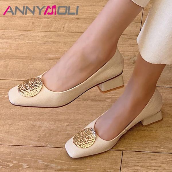 

dress shoes annymoli woman natural genuine leather med heels square toe block heel footwear metal decoration pumps female beige 33-40, Black
