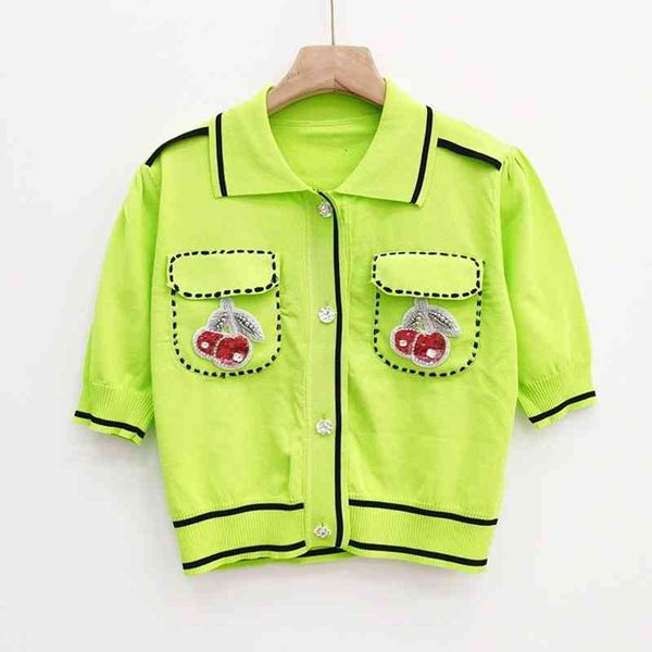 

women's knits & tees summer hit color frizzy cherry lapel beads puff sequins short sleeve sweatshirt women's cardigan u81b, White