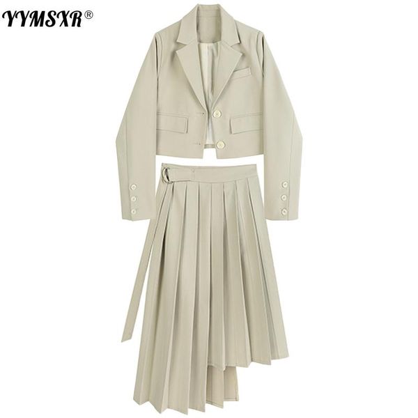 

two piece dress 2021 autumn and winter women's suit skirt two-piece set temperament short long sleeve ladies jacket high waist pleated, White