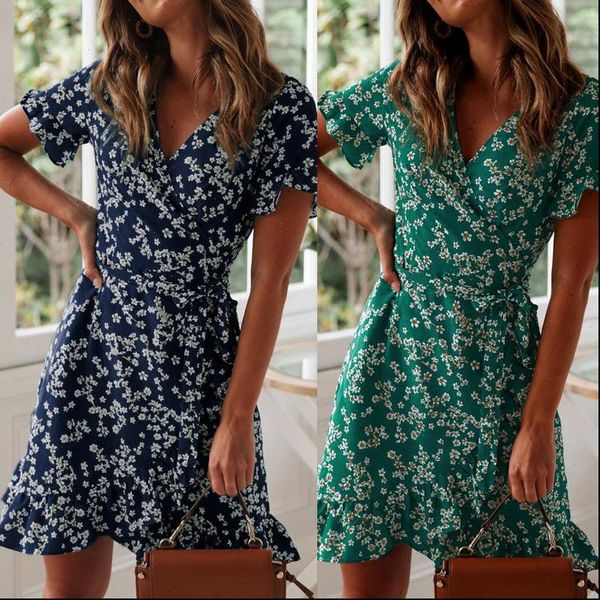 

boho floral womens dresses print ruffles women dress summer v neck short sleeve a line chiffon mini beach sundress, Black;gray