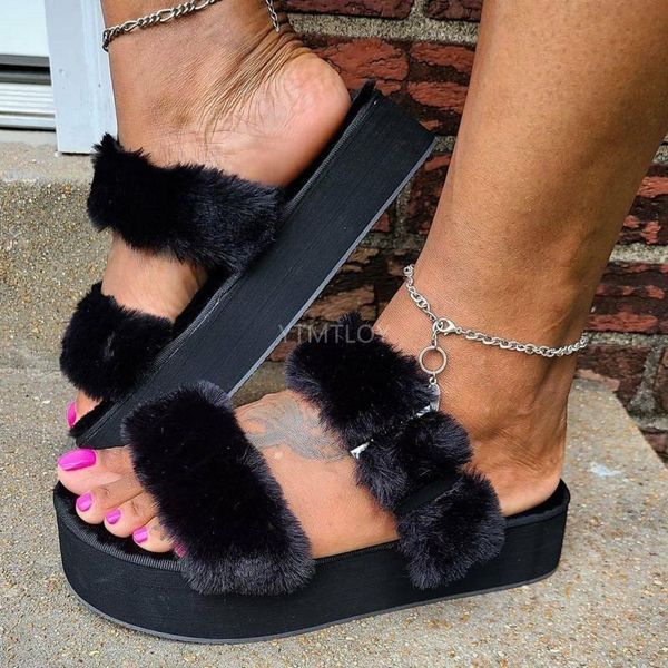 

women plush slippers thick soled buckle sandals summer 2021 ladies outdoor platform colorful shoes plus size 35-43, Black