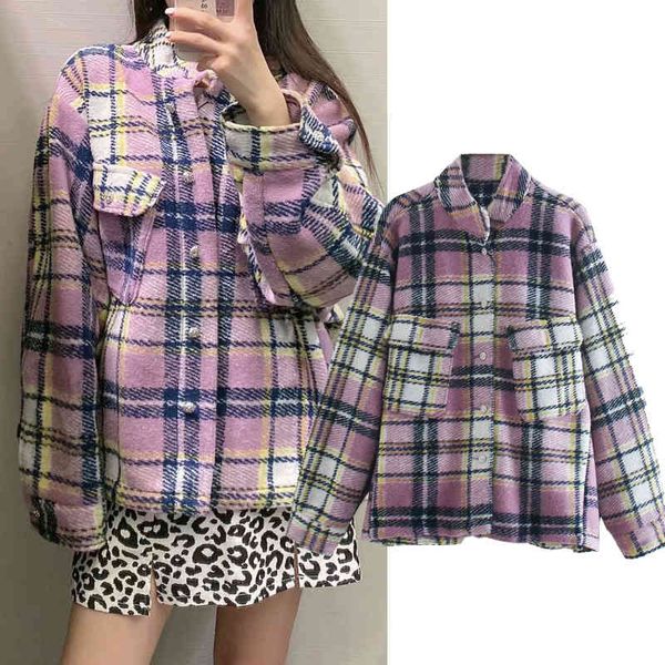 

women's down & parkas new fashion women plaid printing shirt coat turn-down collar long sleeve single-breasted jacket casual loose, Black