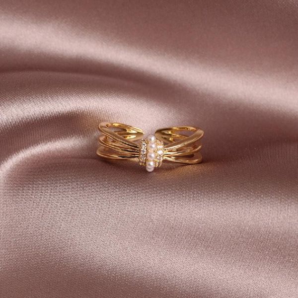 

korean design fashion jewelry simple white pearl copper inlaid zircon open female daily ring cluster rings, Golden;silver