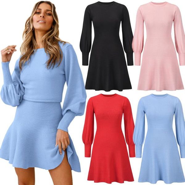 

casual dresses autumn women sweater dress solid color lantern sleeve warm knitted ol style winter pullovers chic female vestido knitwear c31, Black;gray