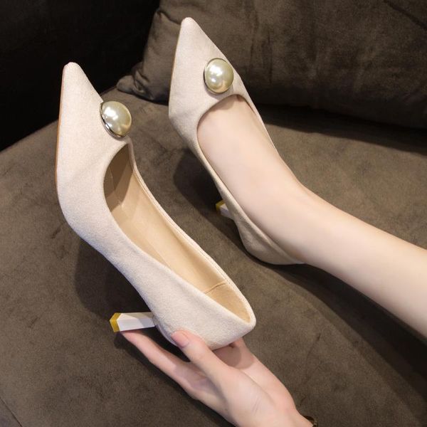 

dress shoes 2021 spring women's high heels pointed solid stilettos pearl-style sweet style zapatos tacon mujer u22-34, Black