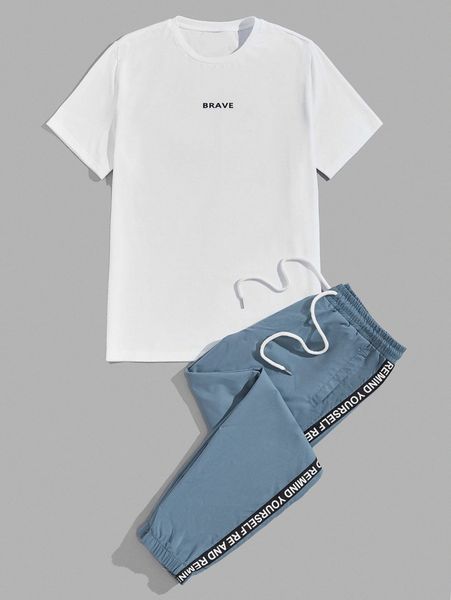 

men letter graphic tee & contrast tape drawstring sweatpants a72h#, Gray