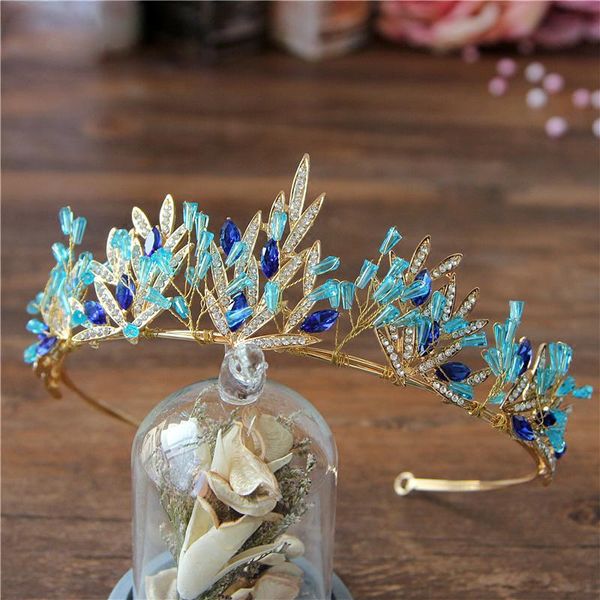 

hair clips & barrettes bridal accessories gold leaves bohemia crown blue crystal tiara wedding ethnic headband gifts for girl, Golden;silver
