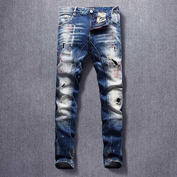 

fashion streetwear men jeans retro blue elastic slim fit ripped denim trousers embroidery patchwork spliced hip hop biker pants