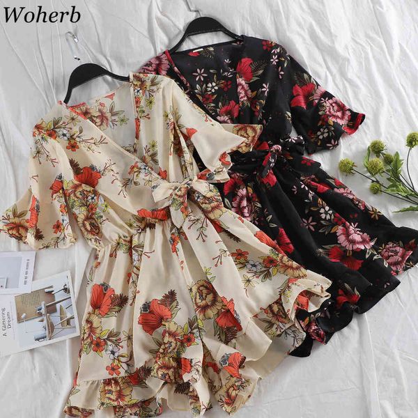 Summer Women Chiffon Beach Tute con scollo a V Stampa floreale Tute femminili Loose Holiday Sexy Bohemian 210422