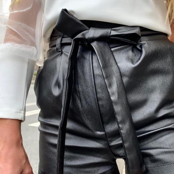 

women short black leather shorts england style pu high waist solid color bow tie wide leg with belt, White;black