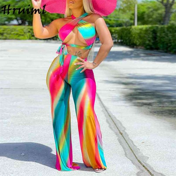 Set da 2 pezzi Donna Rainbow Print Crop Top Pantaloni lunghi Bohemian Plus Size Set Beach Holiday Sexy Party Club Maglieria da donna Suit 210513