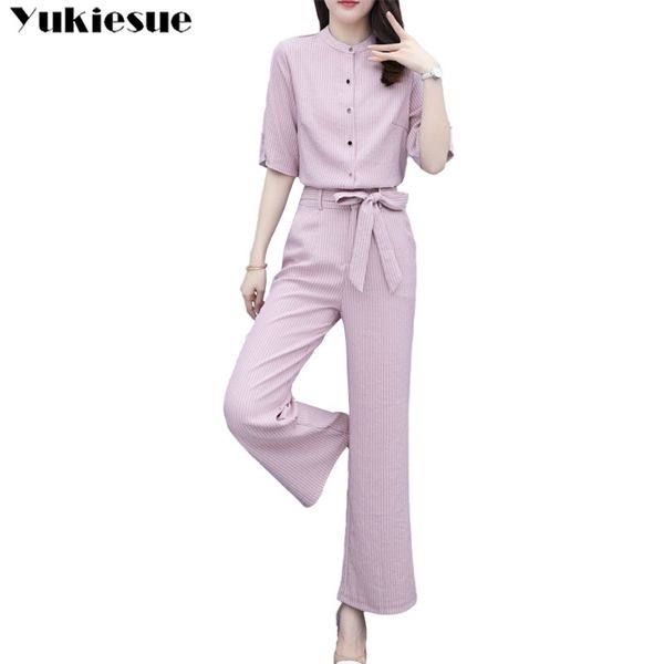 

summer striped blouses wide leg pants 2 two piece skirt set women clothes ensemble femme sets s club outfits for 210518, White