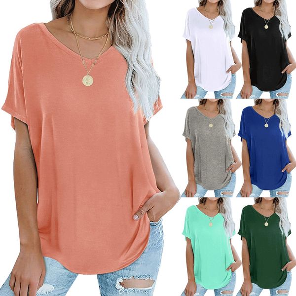 

women's solid color summer casual loose v-neck short sleeve t-shirt, White