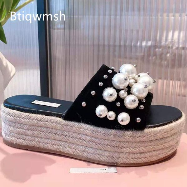 

dress shoes 2021 staw platform wedges sandals women open toe pearl rhinestone high heels woman mules, Black