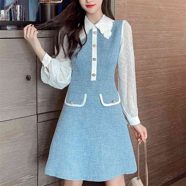 

luxury runway design mini woman dress autumn long sleeve patchwork woolen tweed korean vintage christmas party robe 210514, Black;gray